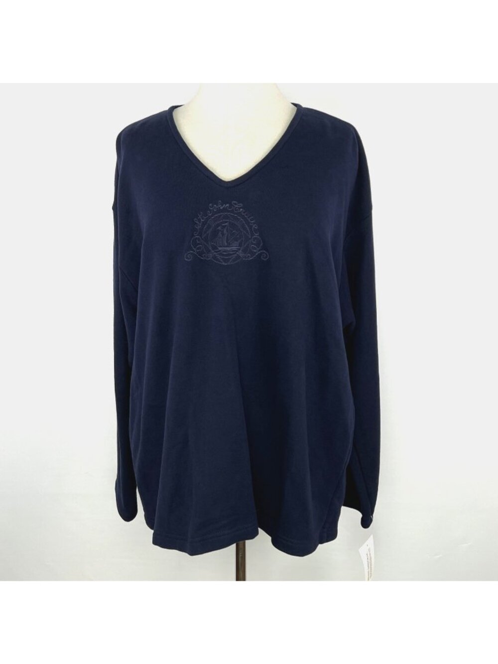 St John Marie Gray Sz L Navy Sportswear French Terry V-Neck Sweatshirt Long Slv
